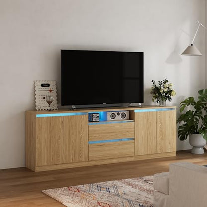 Bobve Modern TV Stand for TVs Up to 100",LED TV Console,Long Entertainment Center with 2 Drawer/2 Cabinets,Universal TV Stand for Living Room,Bedroom,Oak,3 Light Modes - color: Oak