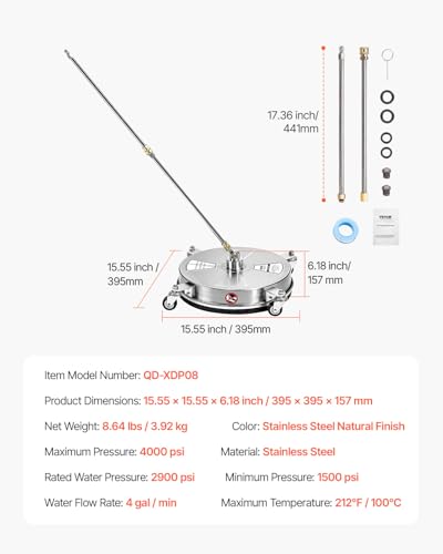 VEVOR 15 Inch Pressure Washer Surface Cleaner, 4000 PSI Stainless Steel Attachment with 4 Wheels, 2 Nozzles, 1/4 Inch Quick Connect and 2 Wands for Concrete, Patio, Deck - size: 15 Inch w/ Wand & Wheels