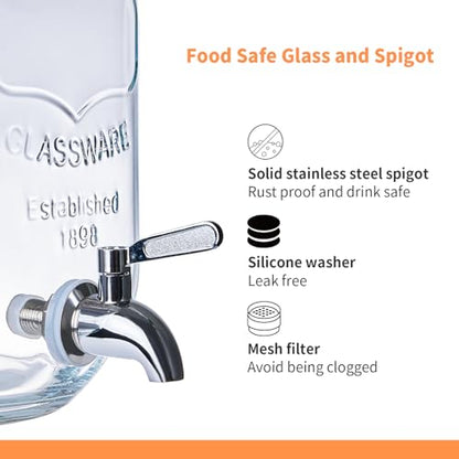 2pack 1Gallon Glass Drink Dispensers for Parties, Beverage Dispenser with Stand and Fruit Infuser, Lemonade Dispenser with Stainless Steel Spigot for Kombucha, Sun Tea, Juices, BBQ, Weddings (Brown) - color: Brown