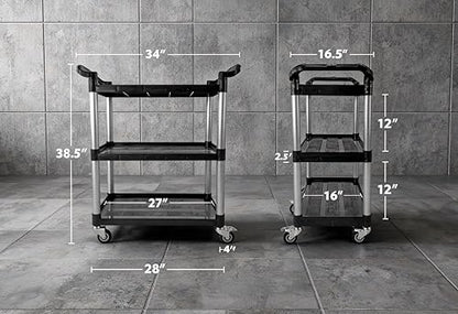 Commercial 3-Shelf Rolling Service Utility Cart | Capacity 390 lbs. | 37" x 34" x 16" | Black