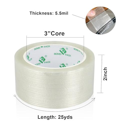 BOMEI PACK 1 Roll 5.5mil x 2Inch x 25yds Mono Filament Strapping Tape Heavy Duty Transparent Reinforced Fiberglass Tape