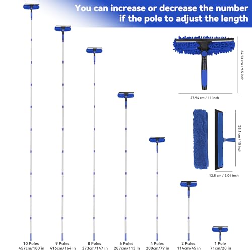 Window Squeegee Tool with Extension Pole: 20+ Feet Microfiber Scrubber Window Cleaning Kit for Rv Truck Bus Car Windshield - 3 to 14 Ft Spliceable Extendable Long Duster for High Outside Solar Panel - color: Blue