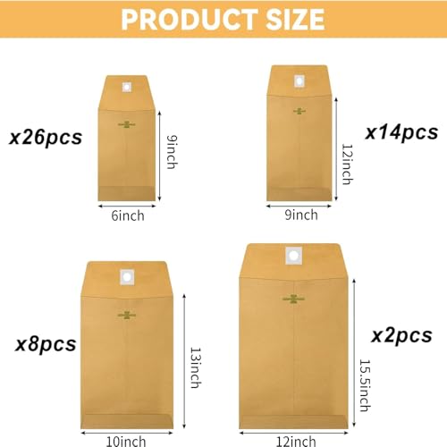 Frienda 4 Sizes Clasp Envelopes Kraft Paper Catalog Clasp Envelope with Closure for Filing, Storing or Mailing Documents, 50 Pieces (6 x 9 In, 9 x 12 In, 10 x 13 In, 12 x 15.5 In,Brown) - color: Brown, size: 6 x 9 In, 9 x 12 In, 10 x 13 In, 12 x 15.5 In