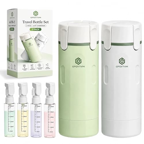 2 Pack 4 in 1 Travel Dispenser Bottle Four One Items Toiletry Containers Shampoo for Toiletries 4in -1 Soap 4-in-1 Leak Proof Rotatable Setpump Creams Sized TSA Refillable Lotion Cosmetic to Fill - color: Green+white