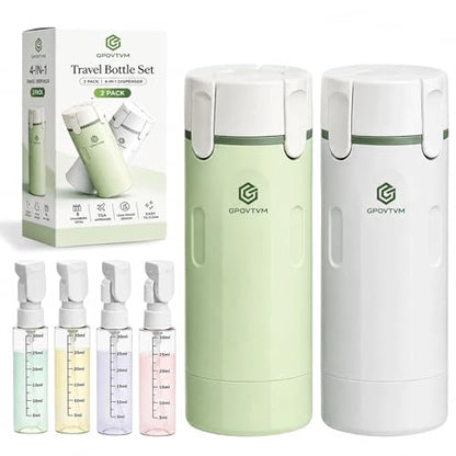 2 Pack 4 in 1 Travel Dispenser Bottle Four One Items Toiletry Containers Shampoo for Toiletries 4in -1 Soap 4-in-1 Leak Proof Rotatable Setpump Creams Sized TSA Refillable Lotion Cosmetic to Fill - color: Green+white