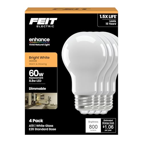 Feit Electric Enchance A19 LED Light Bulbs, 8.8W (60W Equivalent), 3000K Bright White, Dimmable, 90+ CRI, E26 Base, 17,000-Hour Lifetime, Residential or Commercial Bulb, A1960/930CA/FIL/4, 4-Pack