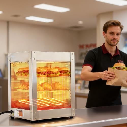 VEVOR 3-Tier Commercial Food Warmer Display, 800W Food Display Warmer with LED Light, Adjustable Shelf and Stainless Steel Frame, 86℉~185℉ Air Heating, 34L for Hamburger, Pizza, Bread, Fried Chicken - size: 3-Tier-36Qt