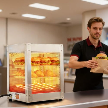 VEVOR 3-Tier Commercial Food Warmer Display, 800W Food Display Warmer with LED Light, Adjustable Shelf and Stainless Steel Frame, 86℉~185℉ Air Heating, 34L for Hamburger, Pizza, Bread, Fried Chicken - size: 3-Tier-36Qt