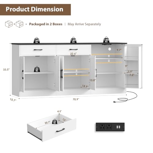 HOSTACK 71" W Kitchen Buffet Cabinet with Storage, Large Coffee Bar Cabinet - color: White/Black