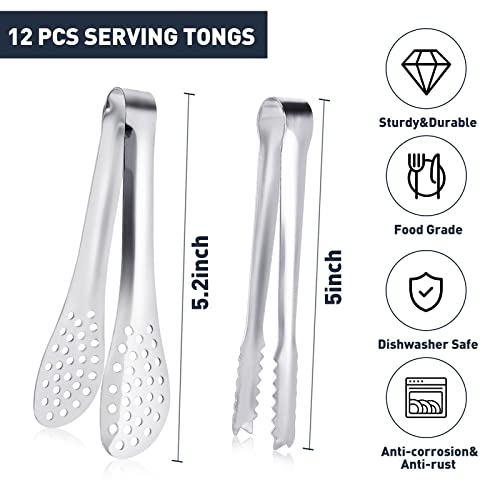 JCREN 12 Pack Mini Tongs - Small Stainless Steel Food Tongs for Serving Appetizers, Tea Party, Coffee, Desserts - 5 inch - Silver - color: Silver - 5 Inch