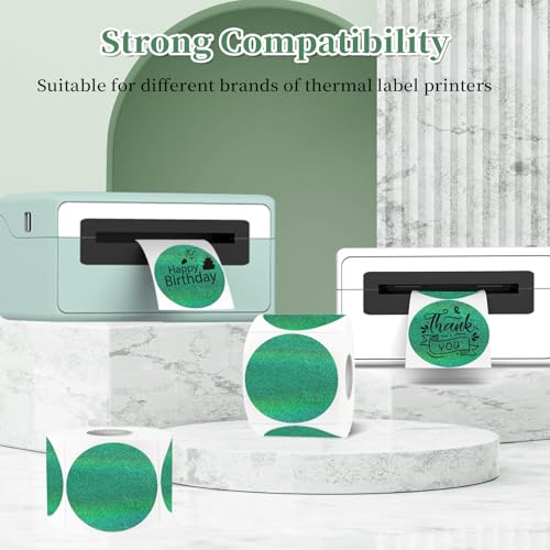 2 Inch Holographic Thermal Labels,Green Round Thermal Printer Labels,Printable Round Thermal Printer Labels Self-Adhesive Direct Thermal Label(300 Labels/Roll Green) - color: Green Dots, size: 2 inch