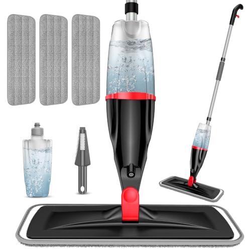 Spray Mops for Floor Cleaning: Hardwood Floor Mop Wet Mop & 3 Washable Pads - color: Red/Black