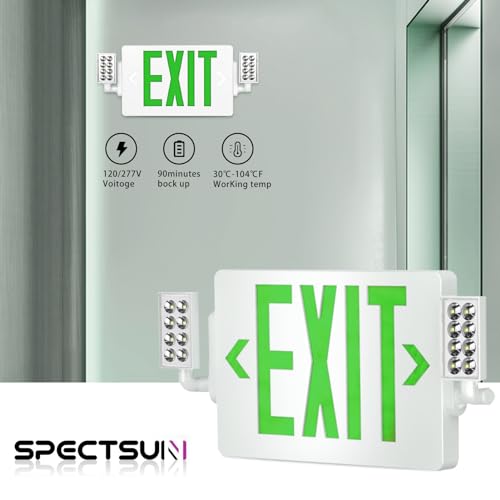Spectsun 2 Packs Exit Signs with Emergency Lights,120-277VAC -LED Combo Emergency Light with Backup Battery-Double Face UL Listed Green Letter Exit Sign Lighting-Hard Wired-Fire Resistant - color: SPJLECD2GW-WT-2