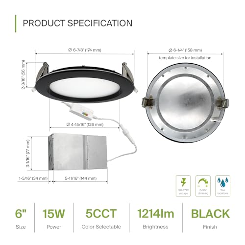 ASD Recessed Lighting 6 Inch Round Commercial LED Downlight, Mini Panel Baffle Trim, 15W 120-277V, 5 CCT 2700K/3000K/3500K/4000K/5000K, Dimmable LED Ceiling Light Fixture, Black, ETL, 6 Pack - color: 6 Pack, size: 6 Inch Black