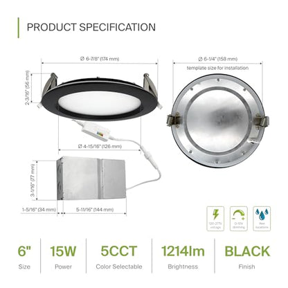 ASD Recessed Lighting 6 Inch Round Commercial LED Downlight, Mini Panel Baffle Trim, 15W 120-277V, 5 CCT 2700K/3000K/3500K/4000K/5000K, Dimmable LED Ceiling Light Fixture, Black, ETL, 6 Pack - color: 6 Pack, size: 6 Inch Black
