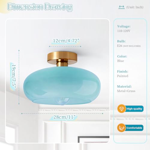Blue Close to Ceiling Light Fixtures Vintage Flush Mount Ceiling Lights 11" Round Dome Thickened Glass Shade Gold Mid Century Semi Flush Mount Light Hallway Entrance Lighting Fixture - color: Flush-Blue