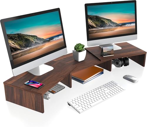 FITUEYES Dual Monitor Stand Riser, Adjustable Length and Angle, Brown - color: Brown