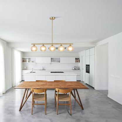 BYOLIIMA Modern Brushed Brass Linear Chandelier Amber Ribbed Glass Shade 5-Lights Gold Mid Century Sputnik Globe Pendant Light Farmhouse Ceiling Hanging Light Fixture Dining Room Kitchen Island - color: Gold/Amber