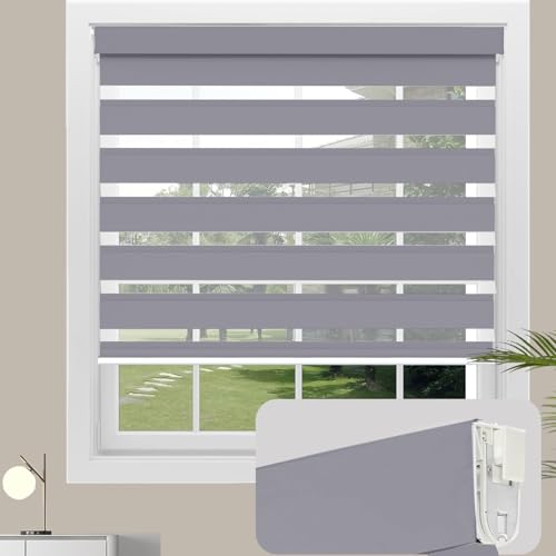 No Drill No Tools Cordless Zebra Blinds for Windows, Day & Night Dual Sheer Roller Shades,Easy Installation,Free-Stop Lift System, Dark Grey Privacy Blinds for Home,Custom Size. - color: Dark Grey, size: No Drill Installation-Custom Size