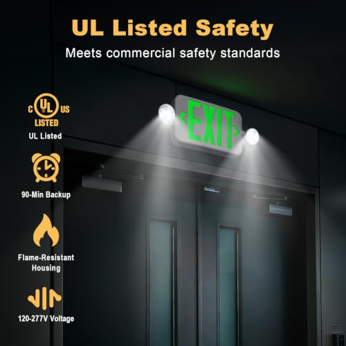 Exit Sign with Emergency Light, 90-Min Battery Backup, LED Adjustable Heads - size: 1 Pack