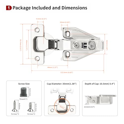 10 Pack Full Overlay Face Frame Soft Close Hinges, 105° 3-Way Adjust - size: Full