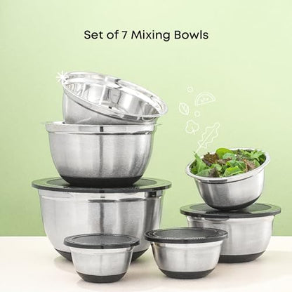 JoyJolt Stainless Steel Mixing Bowls with Airtight Lids, 7 Piece Nesting Bowls Set for Kitchen with Measurement Marks, Non-Slip Bottoms, Cooking, Baking, Prepping, Storage, 7/5/4/3/1.5/1/.75QT, Black