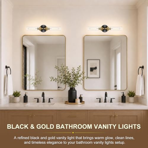 LaLuLa 2-Pack Hardwired Black and Gold Bathroom Vanity Light Fixtures – Modern 2-Light Wall Sconces with Knurled Texture and Clear Glass Shades, Bathroom Lighting Fixtures Over Mirror, 25 Inch - color: Clear Glass-Black&Gold, size: 2 Pack
