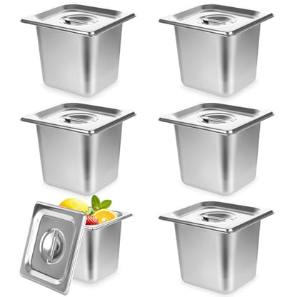 6 Set Stainless Steel Hotel Pans 1/6 Size 6 Inch Deep with Lids Steam Table Pans with Lids 1/6 Size 6 Inch Deep Stainless Steel Restaurant Pan Metal Food Pan with Lid for Hotel, Buffet, Home - size: 1/6 Size 6 Inch Deep