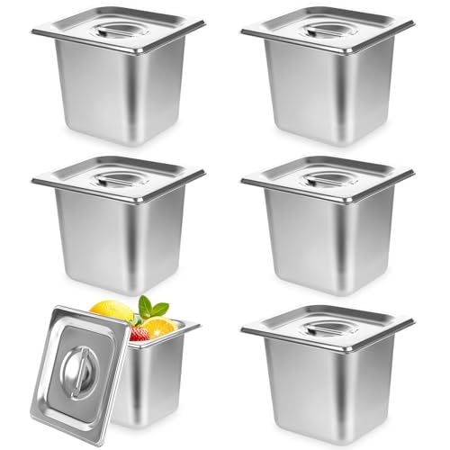 6 Set Stainless Steel Hotel Pans 1/6 Size 6 Inch Deep with Lids Steam Table Pans with Lids 1/6 Size 6 Inch Deep Stainless Steel Restaurant Pan Metal Food Pan with Lid for Hotel, Buffet, Home - size: 1/6 Size 6 Inch Deep