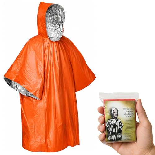 Emergency Mylar Poncho – Survival Rain Poncho with Hood – Lightweight, Compact, Reusable Emergency Blanket Poncho for Hiking, Camping, Thermal Gear, Car Kit, Outdoors