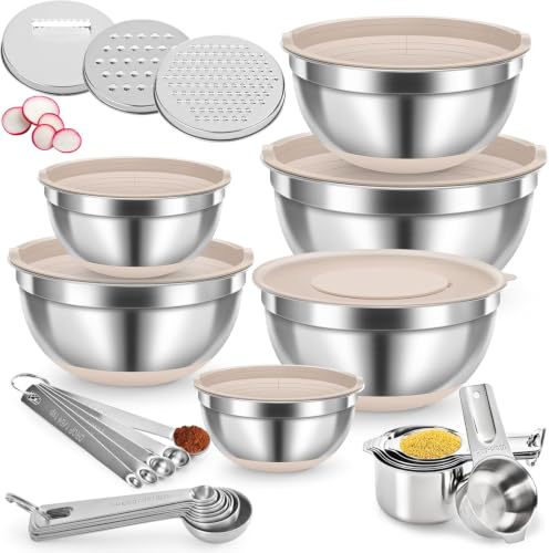 30PCS Mixing Bowls Measuring Cups and Spoons Set, 7QT to 1QT Large Stainless Steel Nesting Bowls with Lids Set, Graters, Non-Slip Silicone Bottom, Kitchen Appliances Home Essentials, Khaki - size: 9+7+14 - Bowls & Cups & Spoons