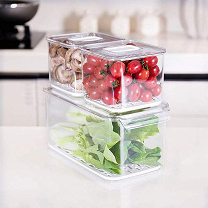 SANNO Produce Saver Containers for Refrigerator - Stackable Kitchen Organizer Keeper Bin, with Removable Drain Tray, Set of 6 - size: 6-Pack