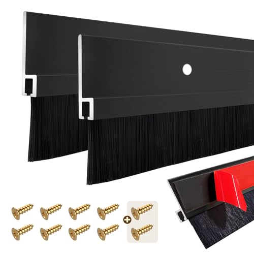 2 Pcs Door Sweep Door Brush Bottom Sweep with H-Shape Aluminum Alloy Base for Home、Industrial，2.4-Inch Door Brush (3.4 Inch Wx39.4Inch L),Black - color: Black+Black, size: 2.4Inch*3.4Inch W*39.4Inch L