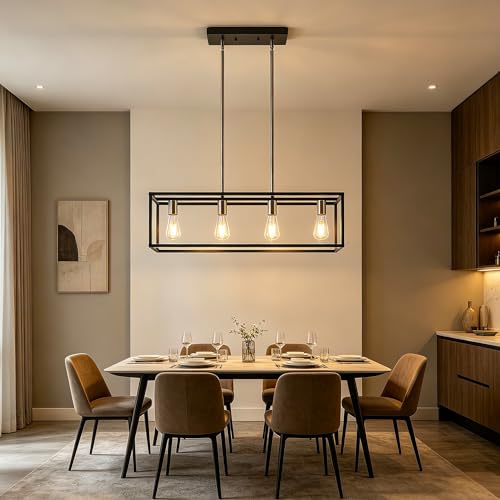 Black&Brushed Nickel Kitchen Light Fixtures Farmhouse Rectangle Chandeliers Dining Room Light for Dining Rooms, Light Fixture Matte 4-Light Industrial Pendant Lighting - color: Black & Brushed Nickel, size: 4 Lights