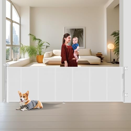 Miumoon 150 inch Reinforced Retractable Baby Gates 34 inch Tall - color: White, size: 34" Tall x 150" Wide