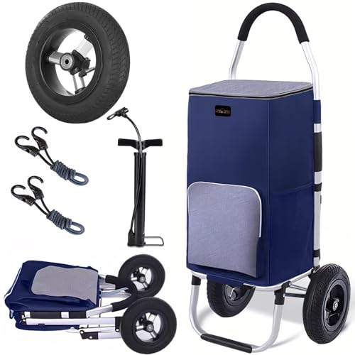 Premium Foldable Grocery Shopping Cart | Tall & Durable | Smooth-Rolling Wheels | All-Terrain (Navy and Gray, 22cm Inflatble Rubber Wheels, Inflating Rubber Wheels with Insulation Bags) - color: Navy and Gray, size: 22cm Inflatble Rubber Wheels