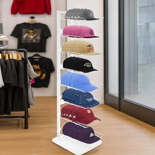 Hat Display 8 Tier, Hat Rack Stand Up to 64 Caps, Metal Hat Stands for Multiple Hats, Commercial Retail Hats Display, White - color: White