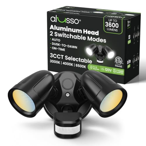 ALUSSO Motion Sensor Outdoor Lights Metal Heads, 30W 3600LM Flood Lights Outdoor 120V, 3 Modes Dusk to Dawn/Auto/On Time, 3000K 4000K 6500K Adjustable, Hardwired Security Light ETL Listed, Black 1PC - color: Black 3 Modes Metal 30W