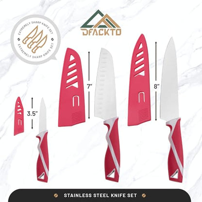 DFACKTO 4-Piece Kitchen Knife Set with Vegetable Peeler without Block – Stainless Steel Knives for Kitchen, Dishwasher Safe Cooking Knife Set with Covers, Sharp Cutting Knives for Cooking – Magenta - color: Magenta