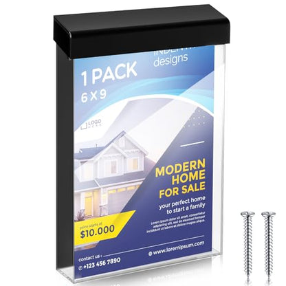 Thyle 1 Pcs 6 x 9 Inch Outdoor Brochure Holder with Lid Acrylic Wall Mount Literature Box with Self Closing Lid Waterproof Clear Heavy Duty with Screws for Flyer Document Pamphlet Display (Black) - color: Black