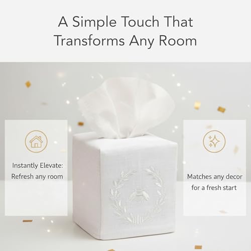Jacaranda Living Square Tissue Box Cover, Linen/Cotton Fabric Tissue Holder, Decorative Cloth Tissue Cube Cover, Embroidered Bee Designs, Napoleon Bee Wreath (White) - color: Napoleon Bee Wreath (White)