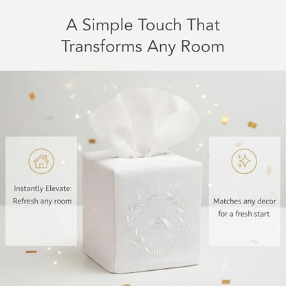 Jacaranda Living Square Tissue Box Cover, Linen/Cotton Fabric Tissue Holder, Decorative Cloth Tissue Cube Cover, Embroidered Bee Designs, Napoleon Bee Wreath (White) - color: Napoleon Bee Wreath (White)