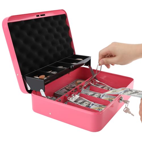 Cash Box with Money Tray and Key Lock, Parrency Large Money Box, 5 Compartments for Cions & 4 Spring-Loaded Clips for Bills, 11.8" x 9.5" x 3.5", K-Pink - color: K-Pink