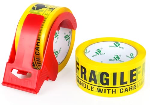 BOMEI PACK 2Pack Fragile Tape 2 Inch x 60 Yards, Fragiles Tape for Shipping with Dispenser, Heavy Duty Marking Tape for Moving Box