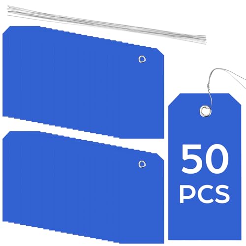 50 Pack Blue Plastic Shipping Tags with Wire Ties, 4.72 x 2.36 inches Heavy Duty Industrial Hang Tags, Blank Identification Labels for Warehouse, Inventory & Outdoor Equipment (Blue) - color: Blue