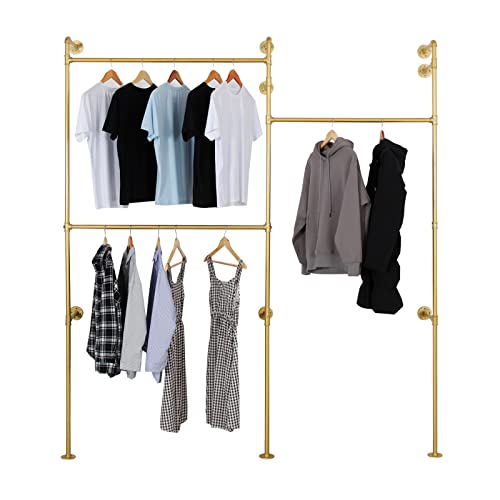 Modern Simple Industrial Pipe Double Hanging Rods Clothing Rack, Clothes Rack Wall Mounted Heavy Duty Hanging Clothes Rack, Detachable Garment Bar 93.7X84inch (Gold) - style: 3-Hanging Gold