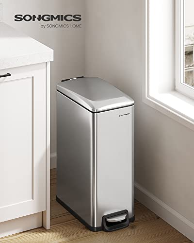 SONGMICS Kitchen Trash Can with Lid, 13-Gallon (50 L) Slim, Stainless Steel - color: Silver, style: 13 Gal.