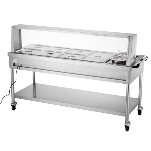 VEVOR Commercial Electric Food Warmer, 7 Pans + 2 Pots Steam Table, 1800W Professional Buffet Catering Food Warmer with Shield Undershelf Wheels, Stainless Steel Server for Party Restaurant