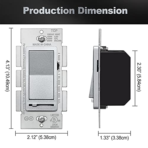 BESTTEN 5 Pack Matte Silver Dimmer Light Switch, Single Pole or 3-Way - color: Matte Silver