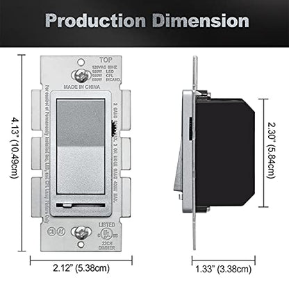 BESTTEN 5 Pack Matte Silver Dimmer Light Switch, Single Pole or 3-Way - color: Matte Silver